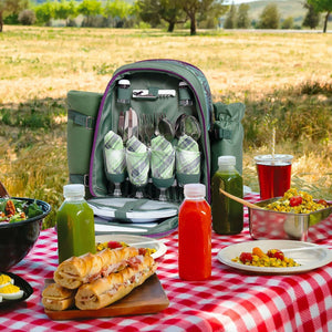 Picnic Backpack Set With Cutlery Kit Cooler Compartment Blanket For 4 Persons