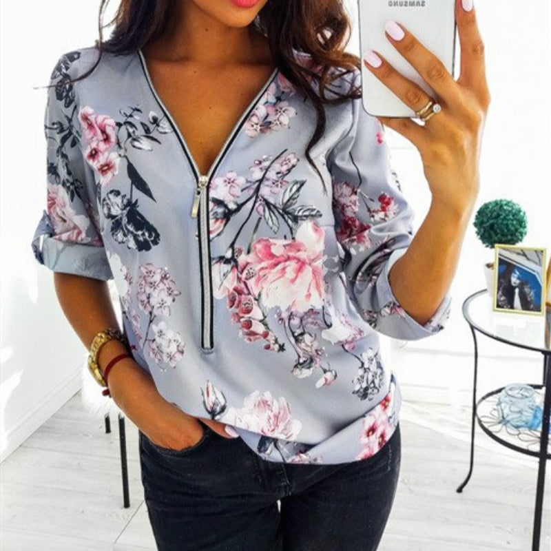 Casual V Neck Front Zipper Blouse (10 colors) - The Sweetest Tee