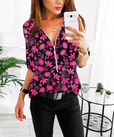 Casual V Neck Front Zipper Blouse (10 colors) - The Sweetest Tee