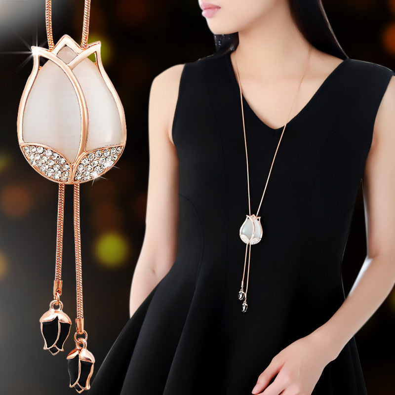 Silver or Gold Elegant Opal Flower Tassel Long Necklace (2 colors) - The Sweetest Tee