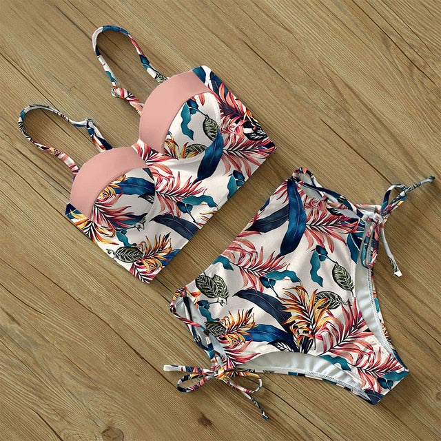 High Waist Bikini Push Up Bandage Bikini Swimwear Women Floral Two Pieces Swimsuit Strappy