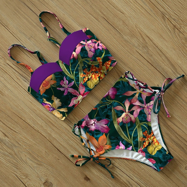 High Waist Bikini Push Up Bandage Bikini Swimwear Women Floral Two Pieces Swimsuit Strappy