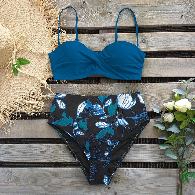 2020 Sexy Leaf Print Bikini Female Swimsuit Women Swimwear Thong Push Up Bikinis Set High Waist Swimming Suits for Bathing Suit