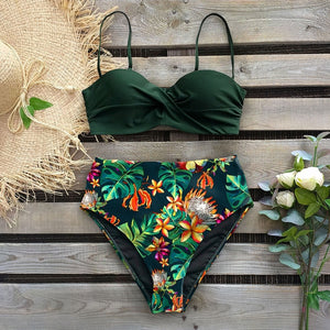 2020 Sexy Leaf Print Bikini Female Swimsuit Women Swimwear Thong Push Up Bikinis Set High Waist Swimming Suits for Bathing Suit