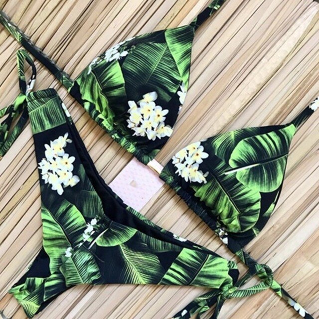Sexy Halter Swimsuit Push Up 2021 Brazilian Bikini Tropical Plant Print Swimwear String Mini Swimsuit Women Thong Micro Bikini